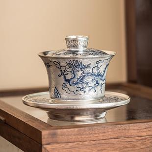 家用泡茶碗茶杯礼盒装 鎏银青花龙纹三才盖碗单个高档功夫茶具套装