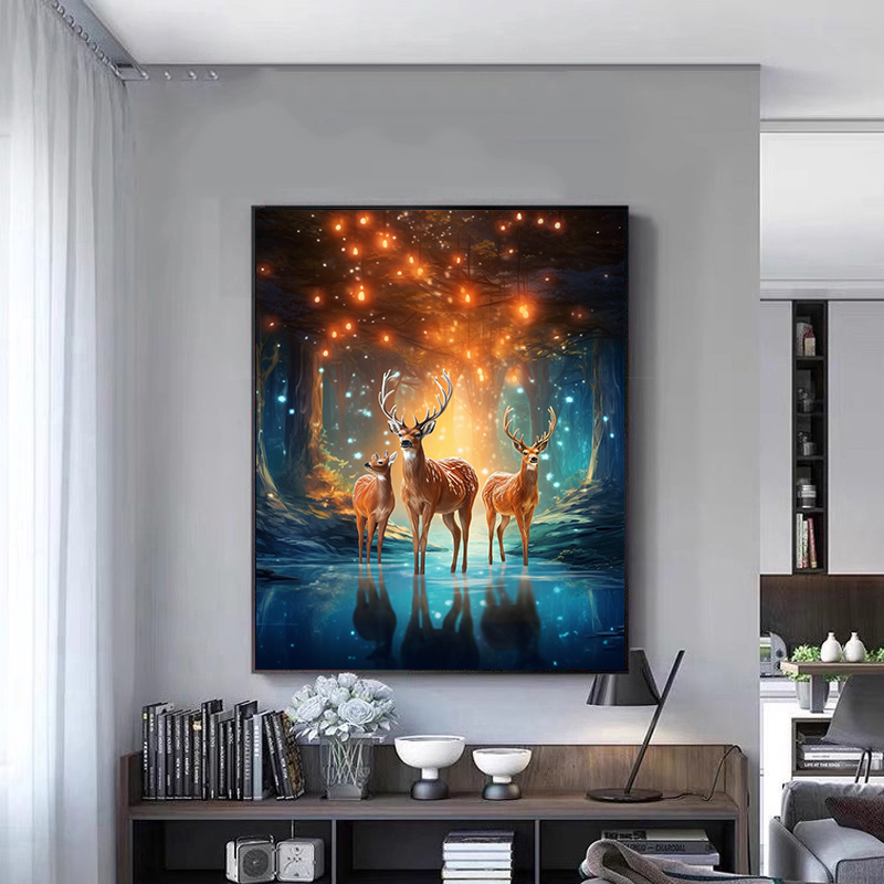梦幻夜景森林黄金鹿diy数字油画 手绘填充丙烯油彩画家居装饰挂画图片