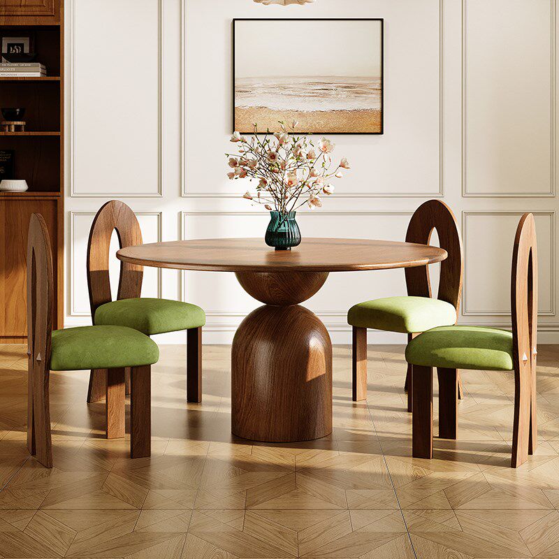 中古风胡桃木实木圆桌家用小户型设计师圆形饭桌复古圆餐桌椅组合