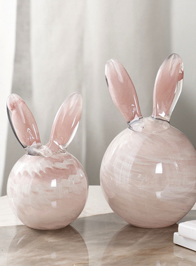 现代简约琉璃粉玉兔摆件创意w客厅书房卧室桌面可爱兔子家居装饰