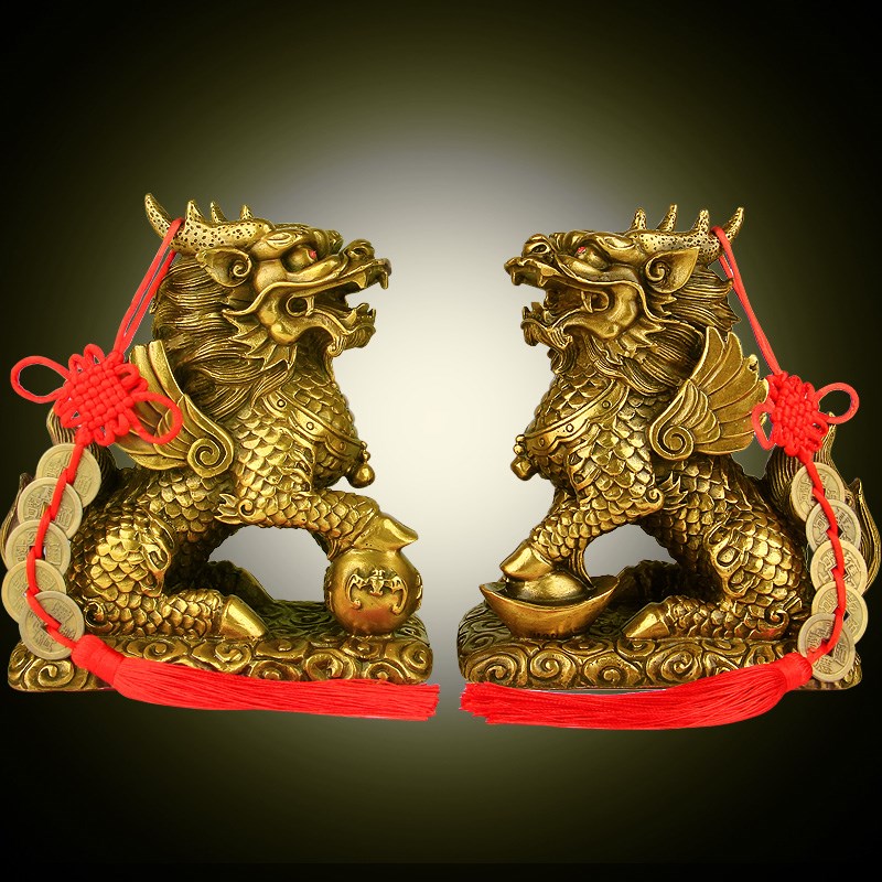 铜麒麟摆件大号财富麒麟一对招财家居办公O室桌面装饰礼品摆设