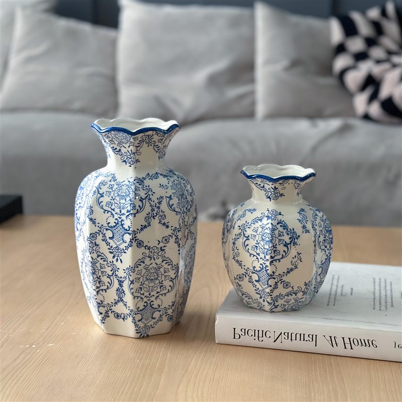青花瓷复古陶瓷花瓶摆件客厅鲜花插花陶K罐轻奢装饰品新中式鲜花