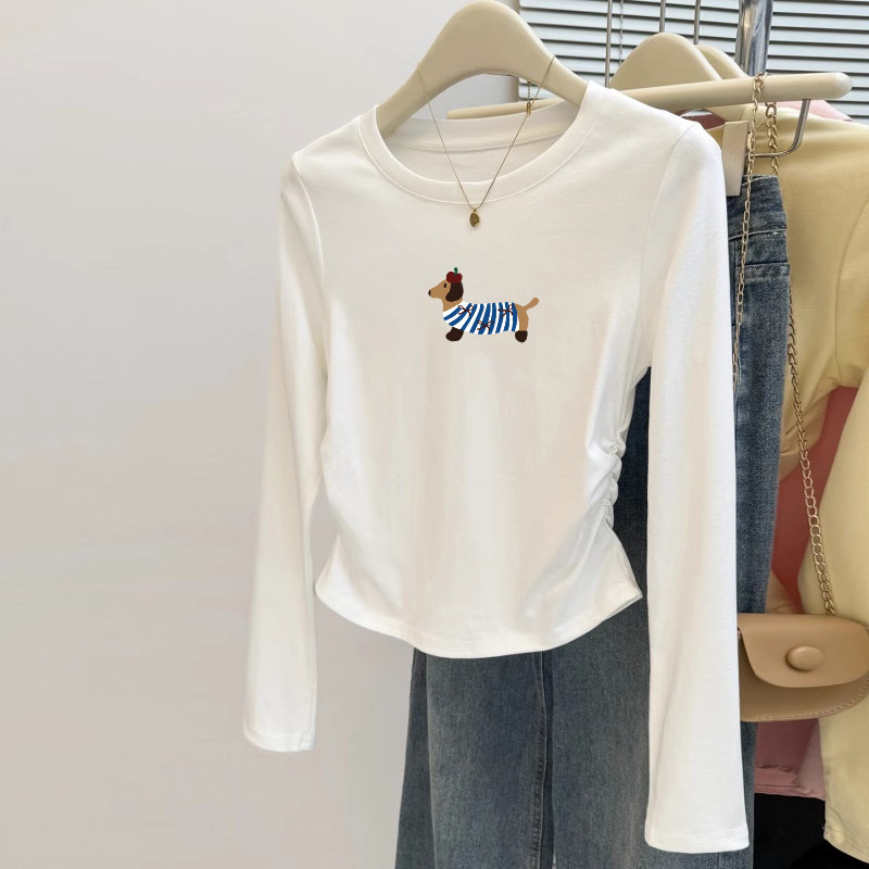 白色长袖t恤女潮ins内搭修身收腰显瘦不规则短款正肩圆领上衣秋季