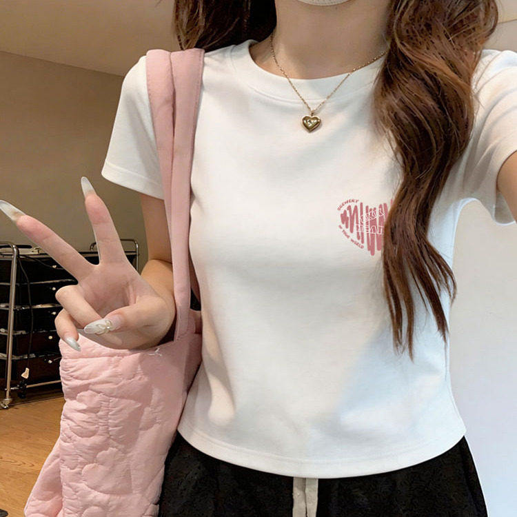 正肩短袖t恤女2026新款夏季显瘦内搭纯棉白色减龄设计感短款上衣