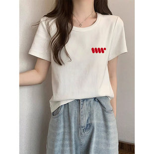 正肩纯棉圆领短袖t恤女2026早春新款设计感时尚百搭白色上衣夏季