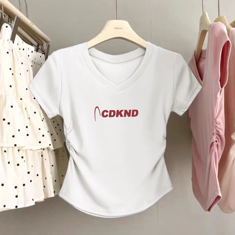 夏季正肩v领短袖T恤女装设计感小众显瘦收腰抽皱减龄短款上衣