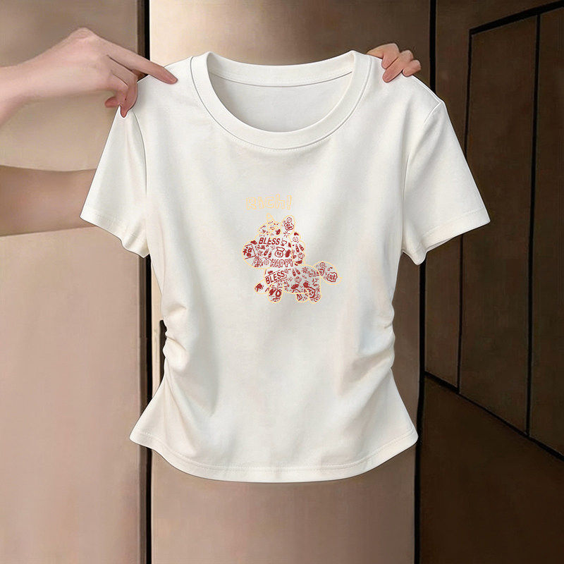 圆领短袖t恤女2026夏季新款修身显瘦显高正肩设计感短款皱褶上衣