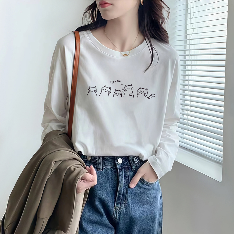 宽松正肩纯棉长袖圆领T恤女装