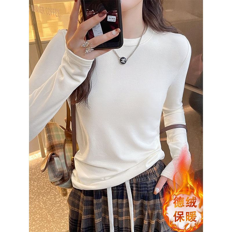 小个子正肩长袖t恤女秋冬新款双面德绒保暖打底衫短款内搭上衣