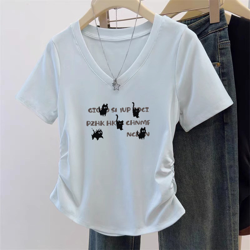 夏季多巴胺穿搭正肩V领短袖t恤女装设计感小众打底短款上衣