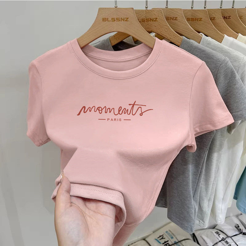 粉色纯棉字母短袖T恤女夏2026新款修身短款上衣洋气打底小衫ins潮