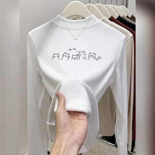 欧洲站2026秋冬新款修身白色半高领长袖t恤女内搭磨毛打底衫上衣