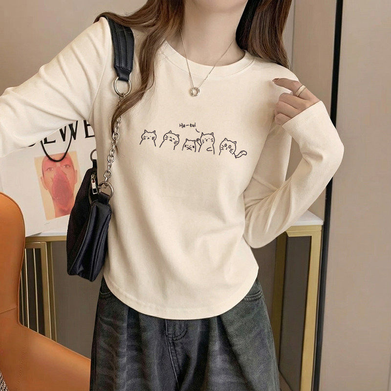 圆领纯棉长袖T恤女2026春秋新款修身内搭打底衫辣妹减龄短款上衣