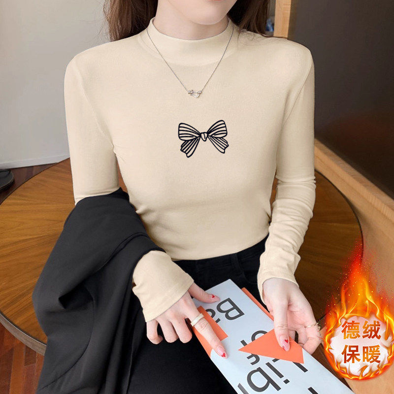 半高领双面德绒长袖t恤加厚打底衫女秋冬加绒内搭宽松奶油色上衣