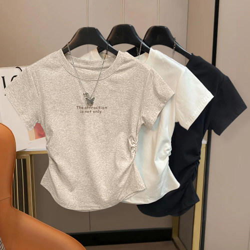 夏季纯棉短袖t恤女褶皱收腰上衣