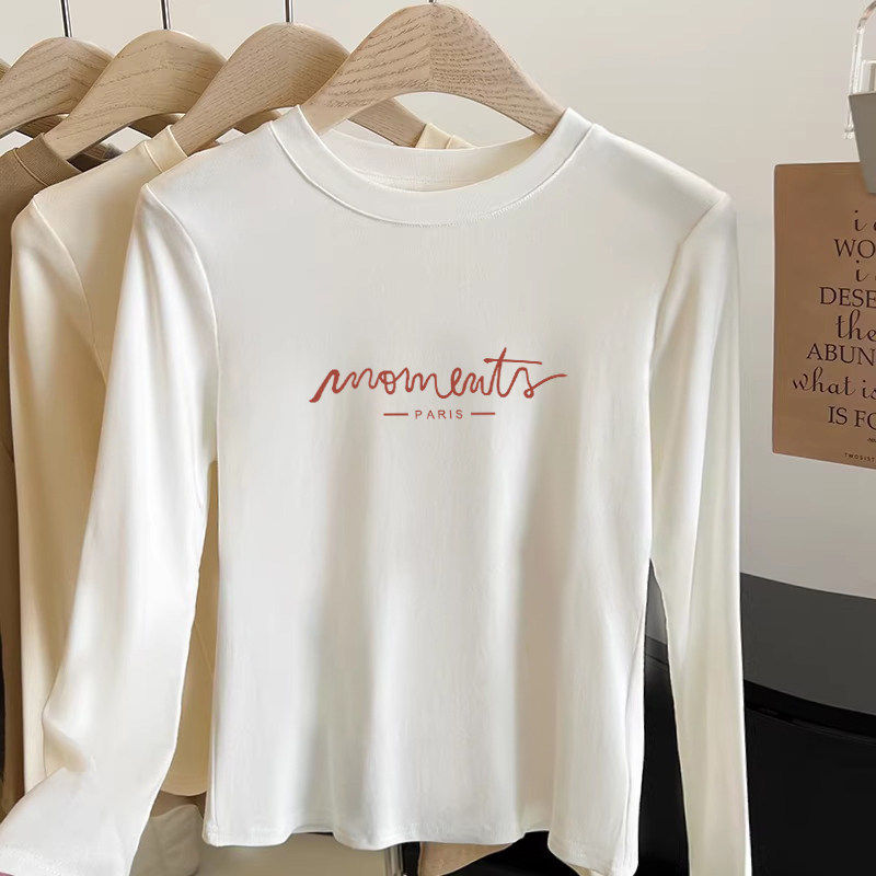 白色辣妹纯棉内搭圆领长袖T恤女春秋新款修身显瘦短款打底衫上衣