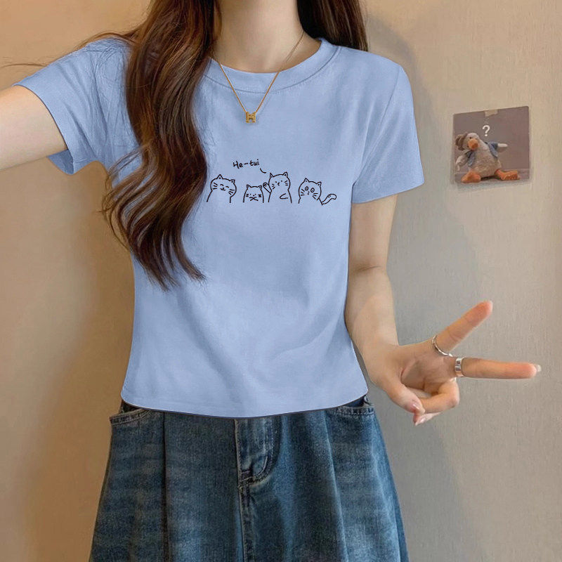 正肩短袖t恤女2026春夏新款美式纯棉内搭修身短款洋气小上衣体恤