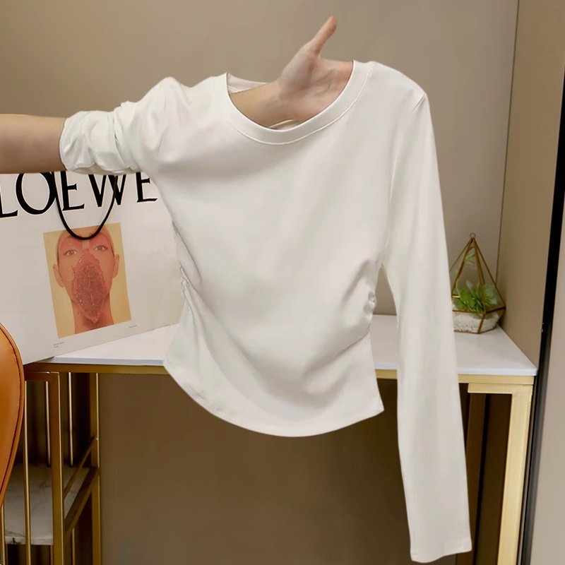 基础款白色圆领正肩长袖t恤女早秋新款修身显瘦内搭短款褶皱上衣