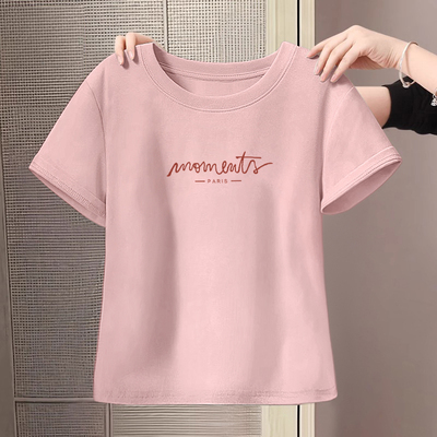 正肩短袖t恤女纯棉粉色短款上衣