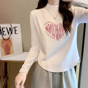 半高领长袖磨毛加厚t恤女修身显瘦秋冬季百搭时尚不规则下摆上衣