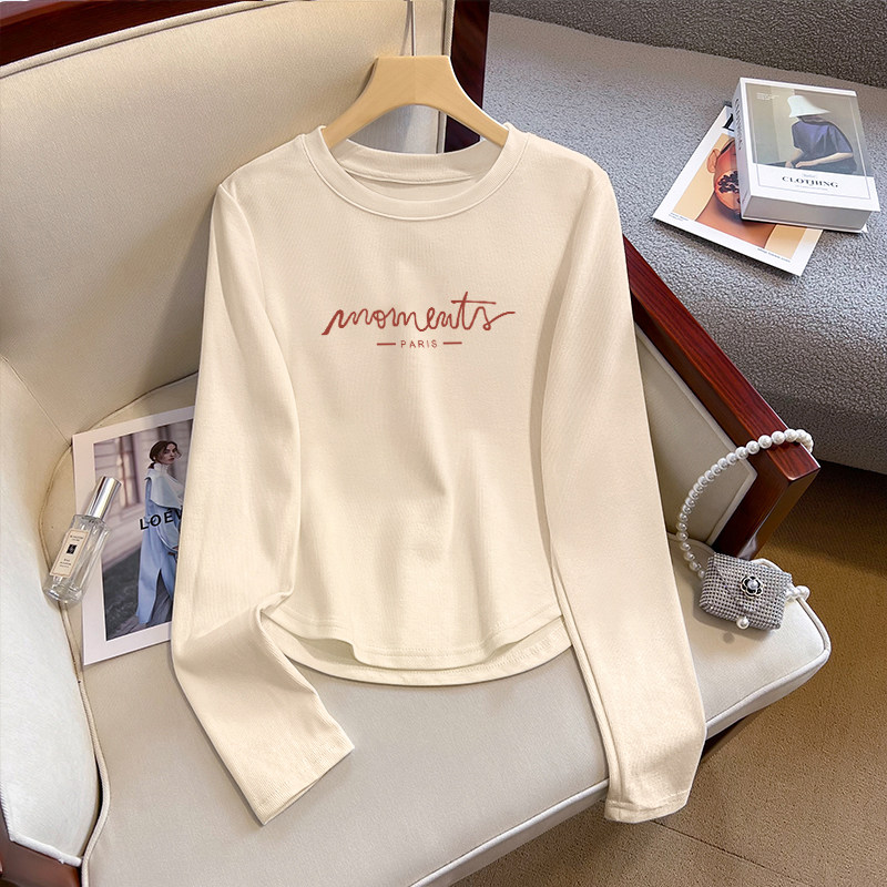 春秋新款圆领长袖T恤女不规则下摆洋气辣妹百搭修身短款上衣