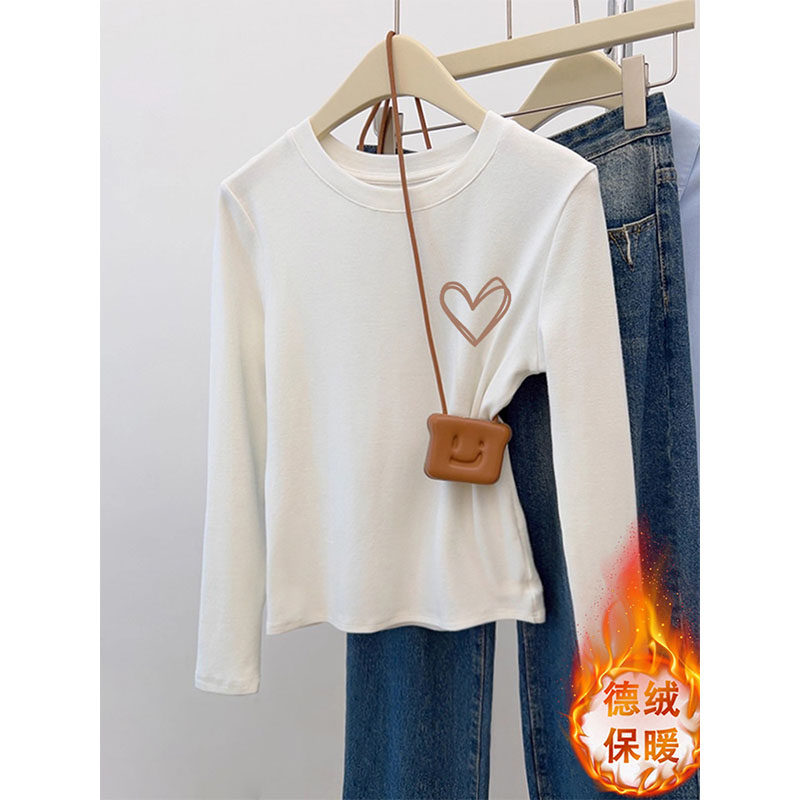 白色德绒圆领打底衫女秋冬内搭显瘦小个子加厚保暖长袖t恤上衣
