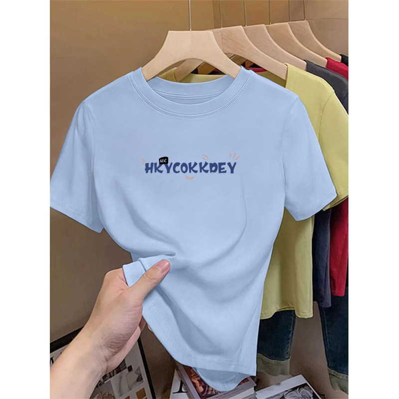 正肩t恤女夏季小众设计感短上衣小个子甜辣蓝色圆领短袖体恤