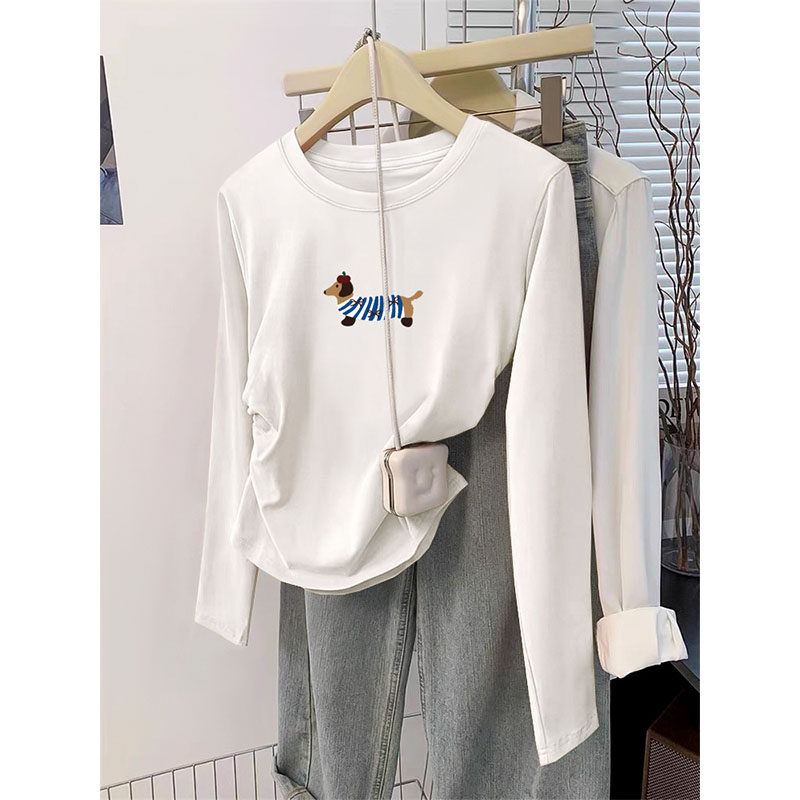 长袖T恤女春秋季新款设计感小众褶皱收腰显瘦内搭小个子短款上衣