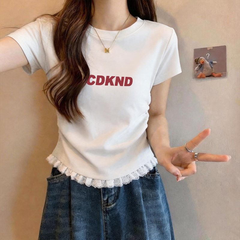 白色不规则蕾丝拼接短款t恤女夏季2026新款设计感小众上衣体恤衫