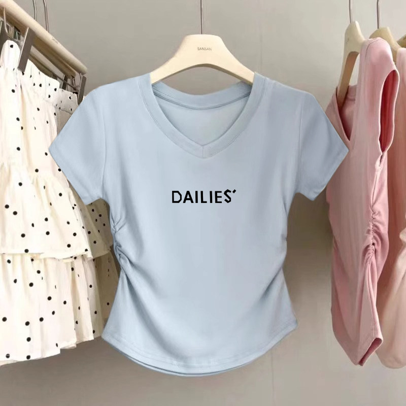 夏季正肩V领短袖t恤女装韩系多巴胺穿搭高级感短款显瘦上衣