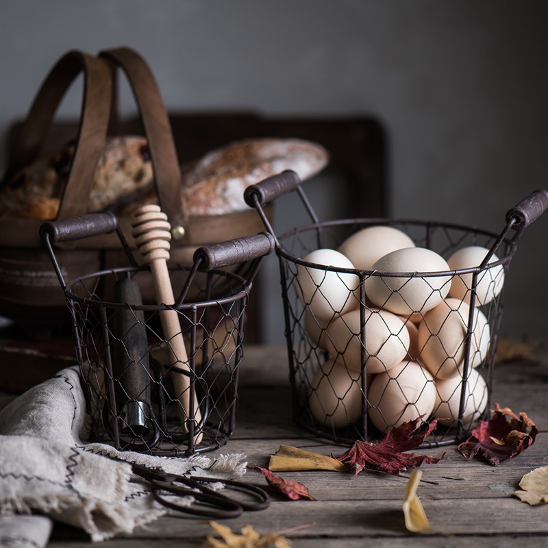 复古铁艺做旧收纳筐鸡蛋笼木柄手提篮大小一套多肉花器摆件