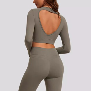 *CSB跨境欧美瑜伽服长袖带胸垫紧身外穿露脐健身运动上衣跑步瑜伽