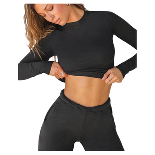 澳洲*CSB跨境欧美冬季新款螺纹运动瑜伽服长袖遮胃露脐健身跑步