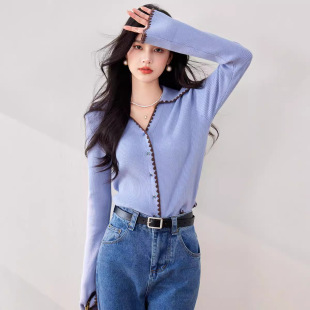 针织外套 毛衣开衫 2025秋冬新款 上衣小香风高级感多巴胺紫色喇叭袖