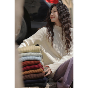 觅定半高领打底衫女秋冬2025新款纯色内搭加厚毛衣绝美针织上衣