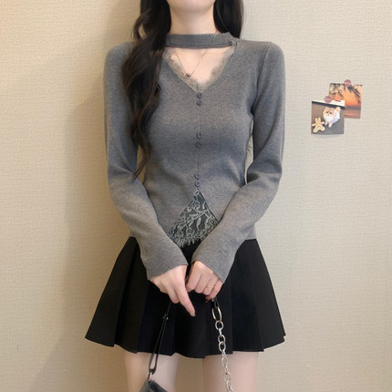 浅灰色挂脖V领打底衫女2025冬装皮草内搭短款毛衣小个子miu里上衣