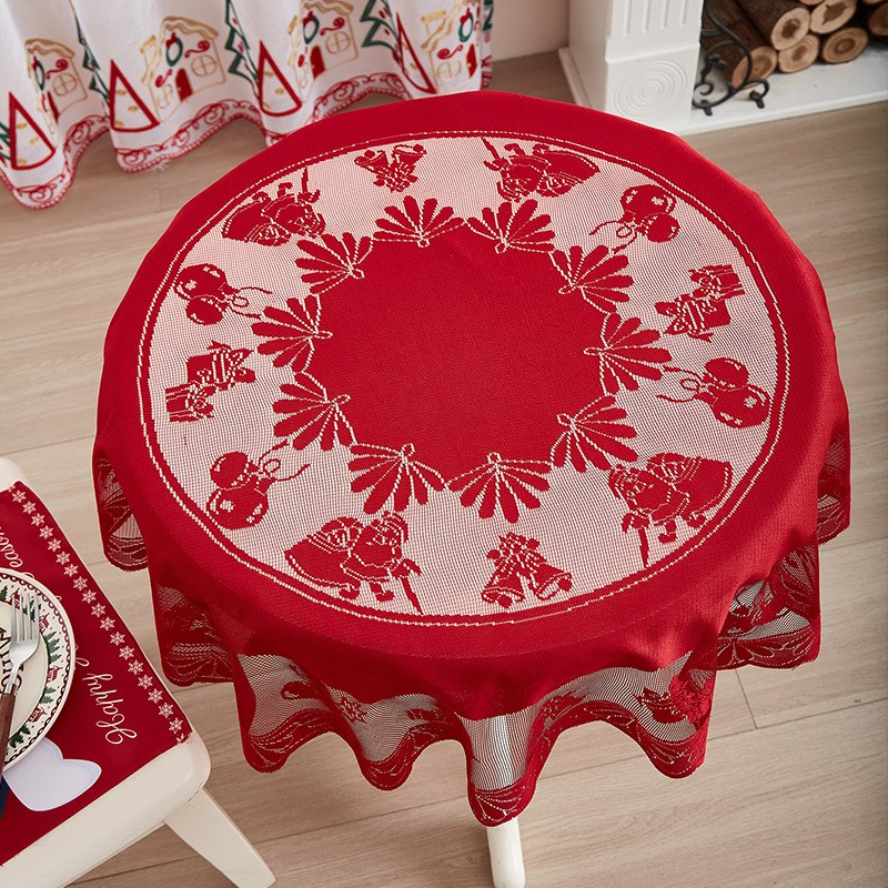 美式桌布圣诞主题圆餐桌布红色蕾丝台布桌旗节日装饰桌布
