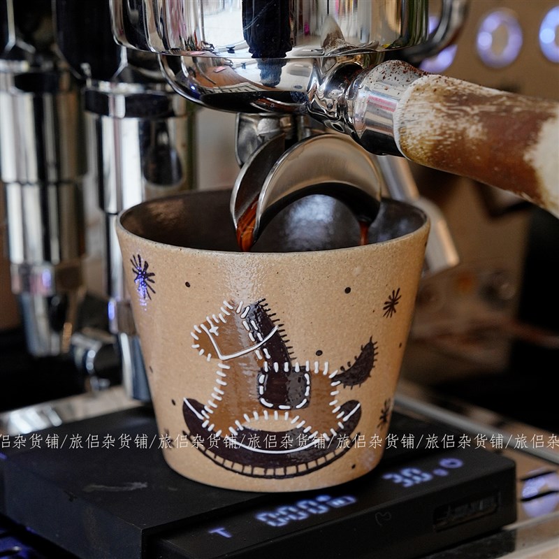 马年礼物景德镇手绘布纹木马紫砂猪口杯咖啡拿铁杯拉花杯复古茶杯