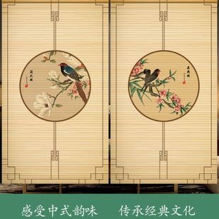 印花竹窗帘印花竹帘卷帘隔断背景装 新中式 饰竹帘画卷帘遮阳竹帘子