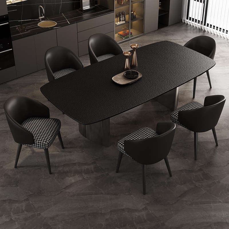 火烧石餐桌不锈钢火山石黑色大理石餐桌椅现代简约长方形家用饭桌