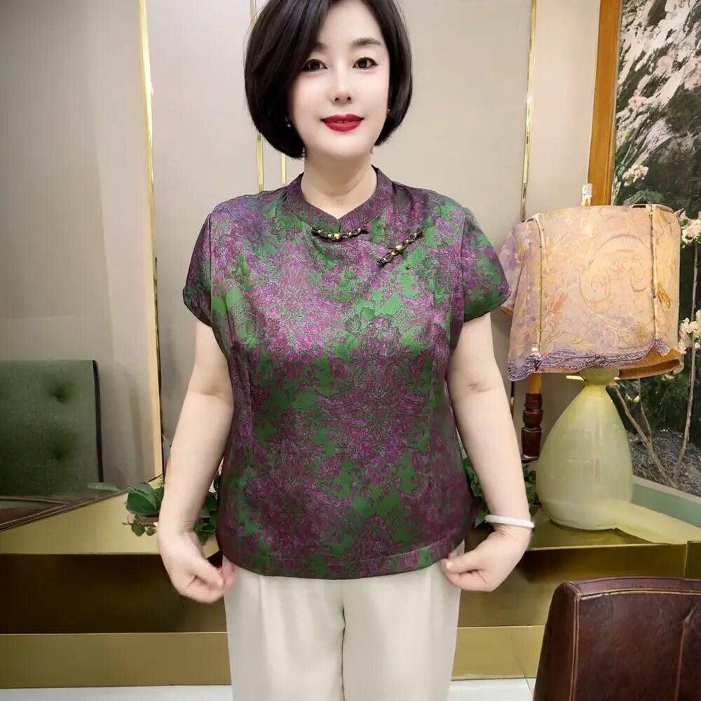 夏季新款妈妈装新中式国风短袖提花衬衫上衣中老年大码宽松小衫女