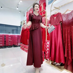 喜婆婆洋气短袖旗袍连衣裙高端时尚妈妈装鱼尾裙晚礼服婚宴敬酒服