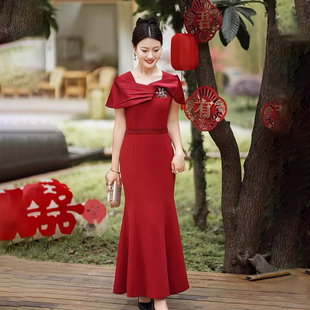 鱼尾裙年轻妈妈婚宴礼服连衣裙喜婆婆婚礼敬酒服长裙 短袖 夏季 新款
