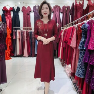 母亲婚宴敬酒服红色连衣裙两件套喜婆婆婚礼显瘦收腰A字裙礼服裙