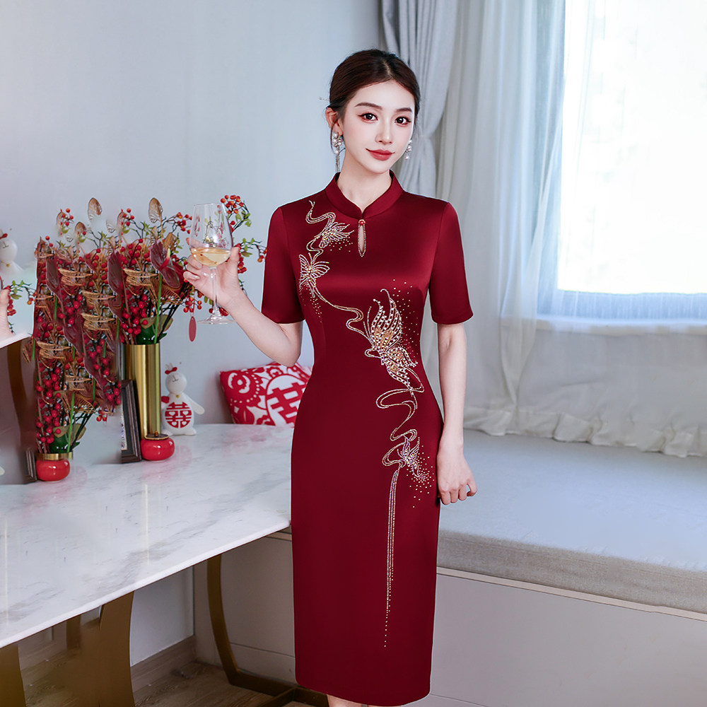 新中式国风短袖立领旗袍裙喜婆婆婚宴敬酒服小个子礼服连衣裙晚装