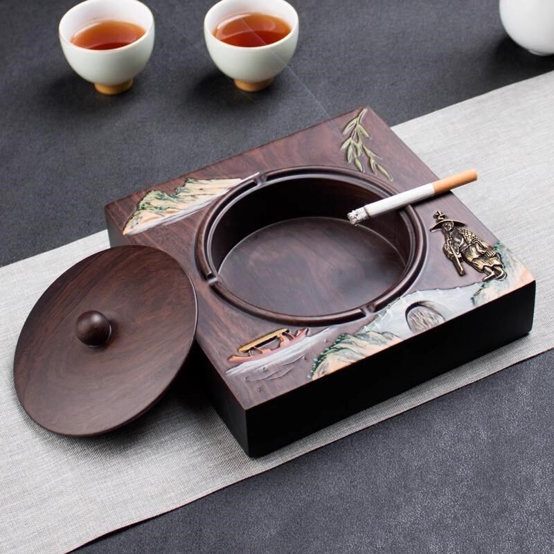 黑檀实木烟灰缸带盖家用客厅办公室高级感防灰飞烟缸复古中式大号