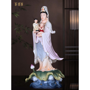 新款陶瓷粉衣精工立莲双子送子观音佛像摆件现代高端手绘陶瓷家居