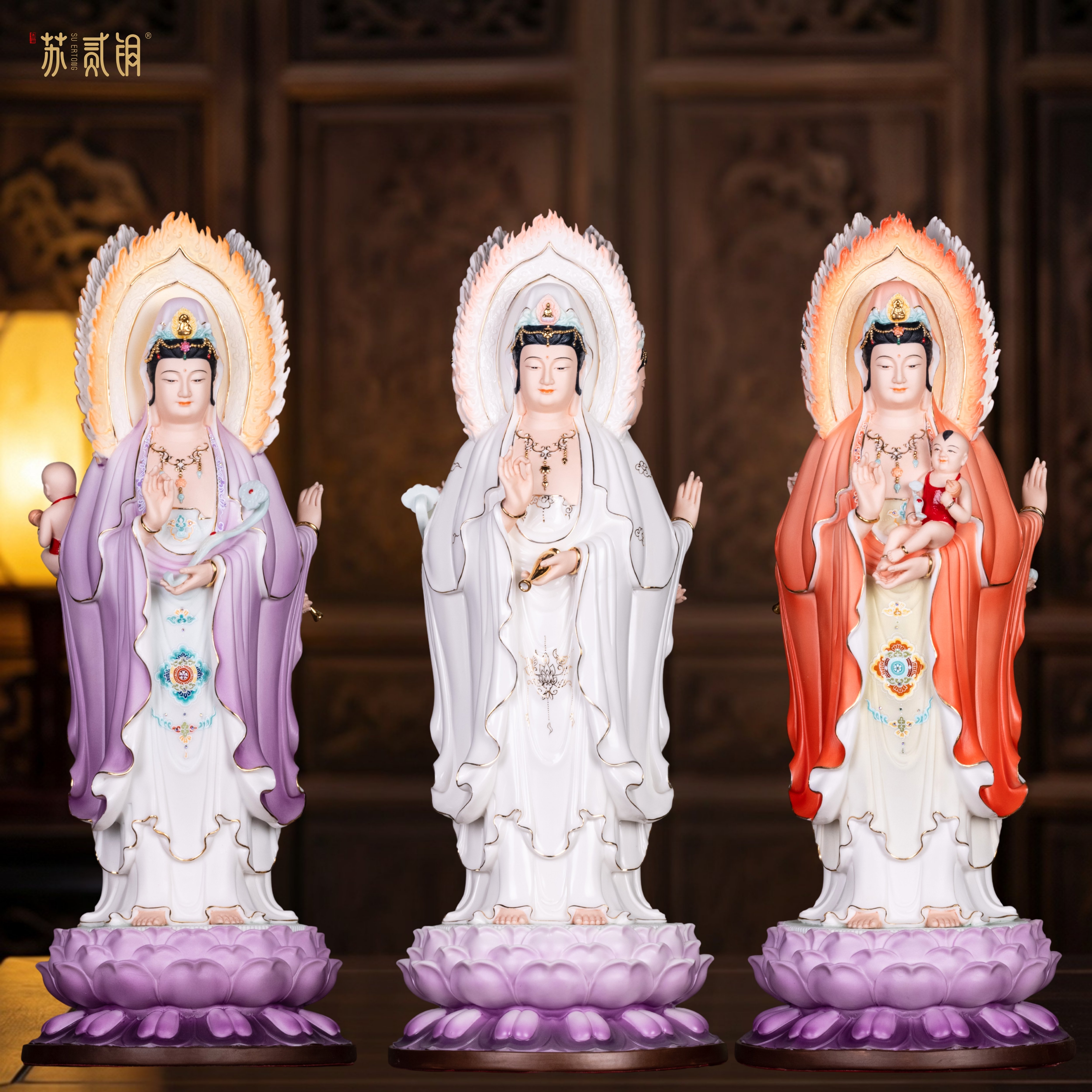 德化陶瓷三面观音祈福供奉摆件