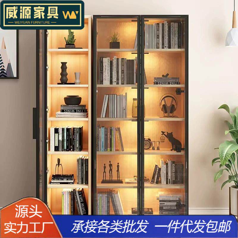 现代简约玻璃门全实木书柜落地整墙客厅书橱靠墙书架摆件展示柜