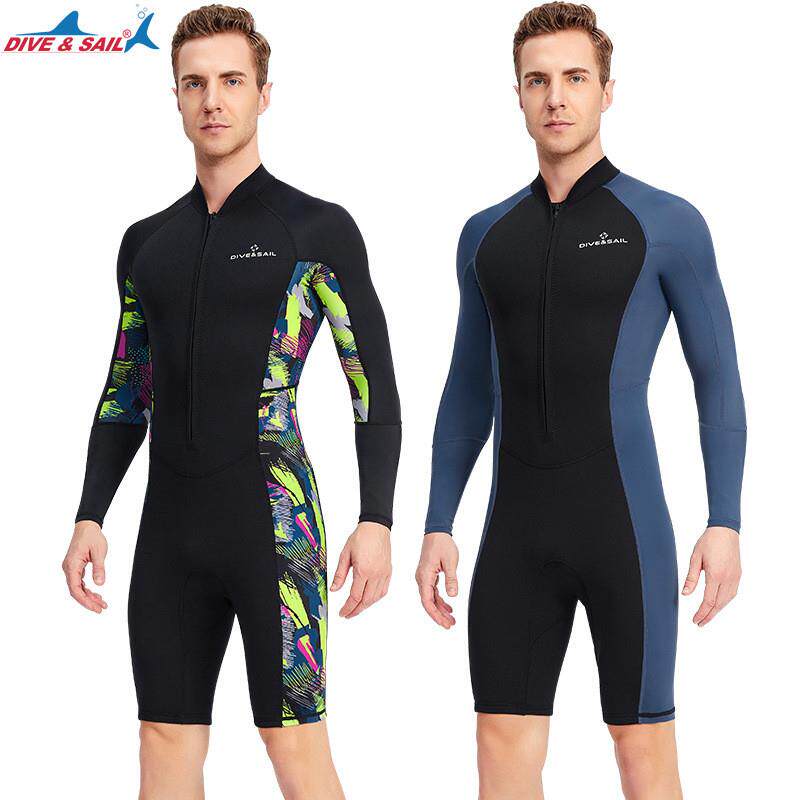 新款1.5MM连体长袖潜水服男短裤保暖潜水衣户外防晒浮潜冲浪泳衣